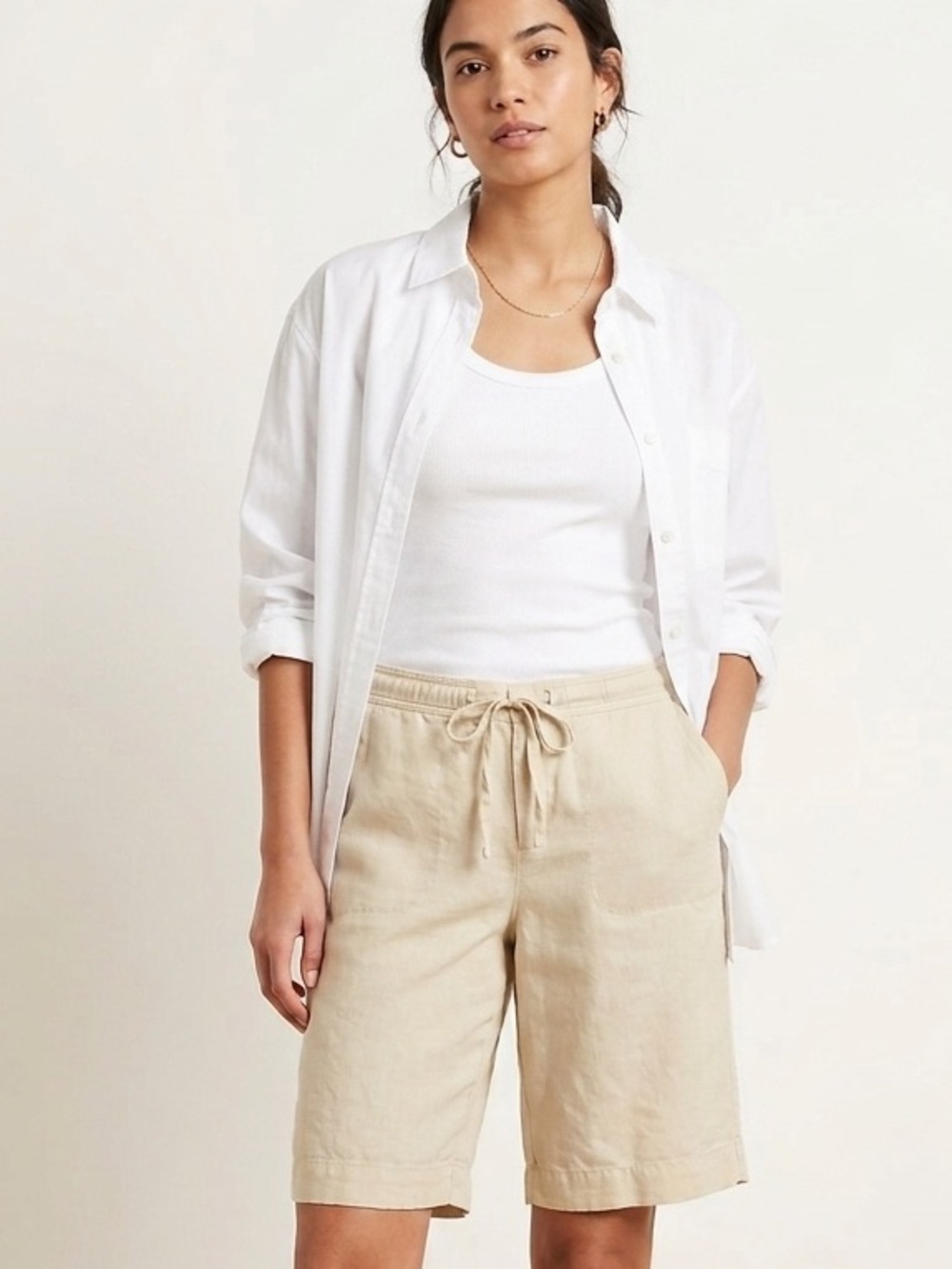 Banana Republic 100% Linen Drawstring Bermuda Shorts Tan Khaki Size 12